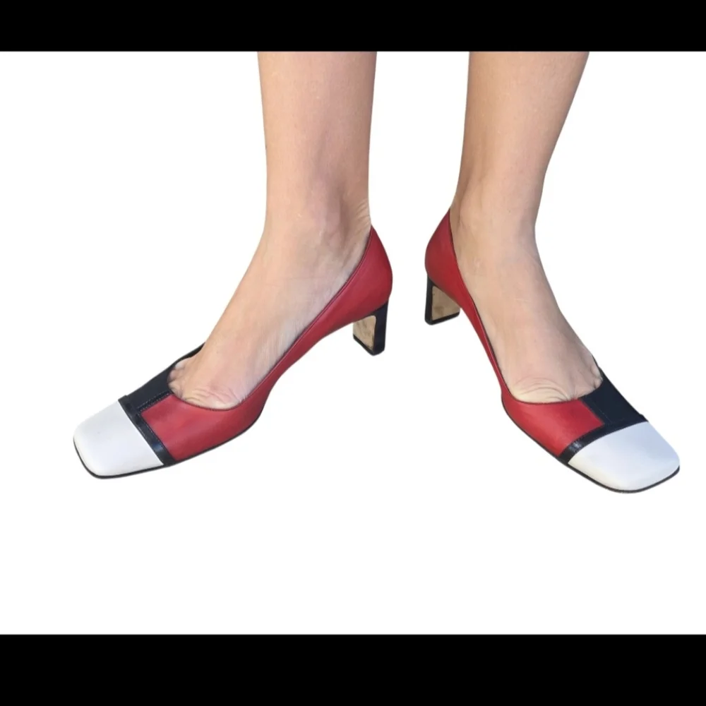 KATE SPADE Colorblock Patent Leather Square Toe 2” Block Heel Pumps Sz 8 B Italy